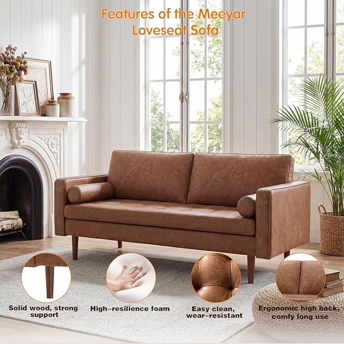 70" Mid-Century Modern Faux Leather Sofa, Comfortable Button Tufted Loveseat Couch with Bolster Pillows & Solid Wood Legs for Living Room, Apartment, Office, 1100lbs Capacity, Brown