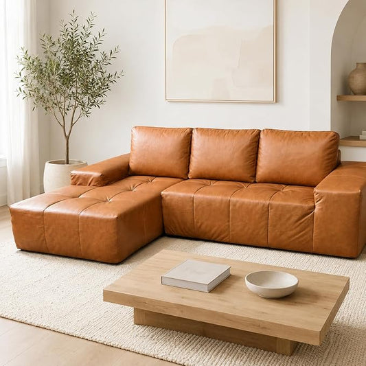 114” Boneless Sectional Couches for Living Room, Brown Cloud Faux Leather Couch in a Box, Modular Sectional Sofas for Living Room, L Shaped Couch with Chaise, Memory Foam Deep Seat, Left Chaise