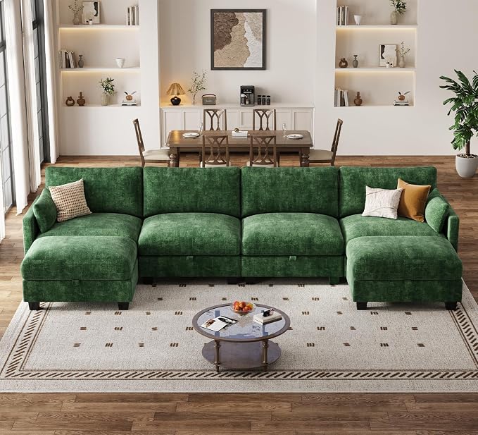 Modular Sectional U Shaped Sofa Couches for Living Room, Cloud Couch with Storage Ottoman, Comfy Chenille Sofa with Pillow, Green