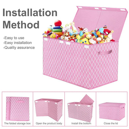 Toy Box Chest Organizer Bins for Girls Boys, Kids Large Fabric Collapsible Storage Basket Container with Flip-Top Lid & Handles for Clothes,Blanket,Nursery,Playroom,Bedroom (Pink)