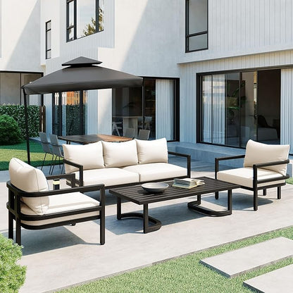 VilroCaz 4-Piece Outdoor Steel Sofa Set, All Weather Patio Conversation Set with 1 Love Sofa, 2 Single Sofas, Coffee Table, Waterproof Cushions, Suitable for Backyard, Poolside Gardens (Beige-Z)