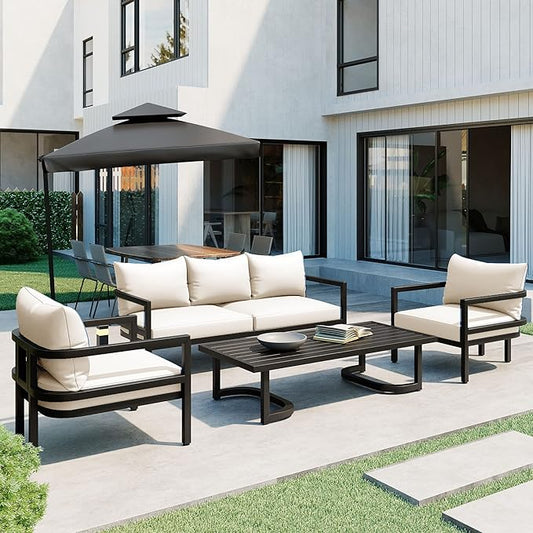 VilroCaz 4-Piece Outdoor Steel Sofa Set, All Weather Patio Conversation Set with 1 Love Sofa, 2 Single Sofas, Coffee Table, Waterproof Cushions, Suitable for Backyard, Poolside Gardens (Beige-Z)