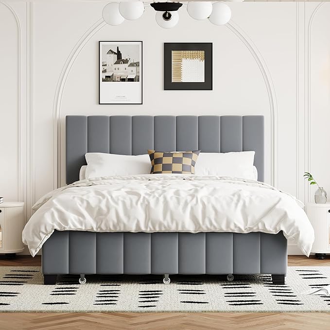 Ball & Cast Queen Bed Frame with Channel Tufted Headboard,Velvet Upholstered Platform Bed Frame Queen Size with 2 Drawers and 1 Twin XL Trundle,Wood Slats Support,No Box Spring Needed,Gray