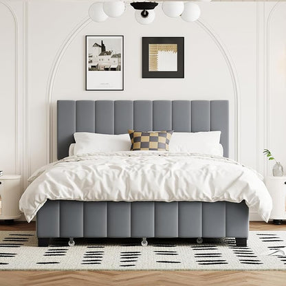 Bellemave Queen Bed Frame with Trundle Bed,Velvet Upholstered Platform Bed Frame with Storage Drawers,Queen Size Trundle Bed with Headboard for Kids Teens Adults,Gray