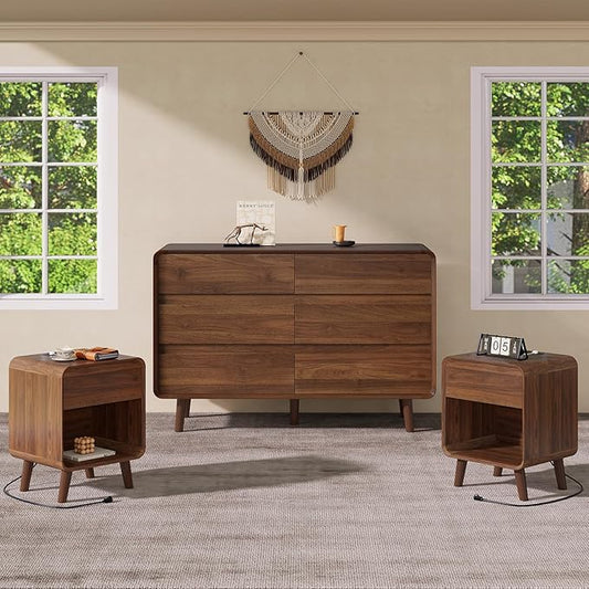 Nasonet 6 Drawer Dresser and Nightstands Set with Charging Station, Wood Mid-Century Modern Dresser and Nightstand 3 Pieces for Bedroom, Living Room, Walnut