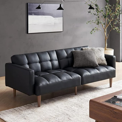 mopio 76.4" Futon Sofa Bed, Couch, Loveseat, Sleeper Sofa, Mid Century Modern Futon Couch, Sofa Cama, Couches for Living Room (Aaron PU, Midnight Black)