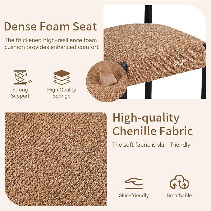 VKNOW Wooden Dining Chairs Set of 4 with Black Rubberwood Legs, Orange | Soft Chenille Fabric, Curved Open Back, Thickened Cushion, For Adults and Family, Dining Room, Kitchen, No Wobble