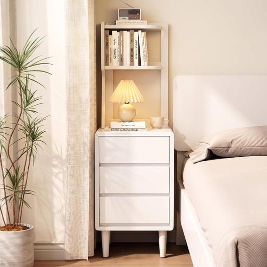 Solid Wood Bookshelf with Drawers,Narrow bookcase with Storage Shelves,Tall Nightstand with Drawers,Mid Century Modern Nightstand,Open Shelf Bookcase,Small Book Shelf for Bedroom,Living Room,Offices