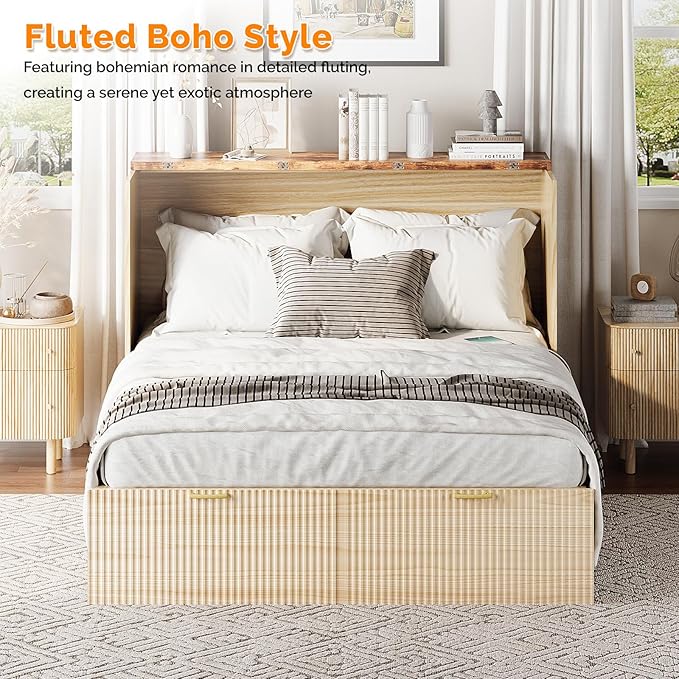 VINGLI Full Murphy Bed with Storage Drawer,2 Charging Station,Fluted Wooden Foldable Bed Cabinet,Boho,Hideaway Paltform Panel Bed for Small Spaces,Guest Room,Office,Apartment,Beige