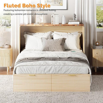 VINGLI Full Murphy Bed with Storage Drawer,2 Charging Station,Fluted Wooden Foldable Bed Cabinet,Boho,Hideaway Paltform Panel Bed for Small Spaces,Guest Room,Office,Apartment,Beige