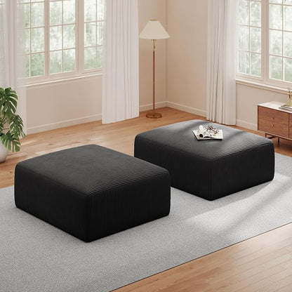 40" Oversized Large Square Corduroy Ottoman Pouf - Poofy Plush Foot Rest with Foam Chunk Filling, Movable Floor Pouf Footstool & Ottoman Coffee Table for Living Room Couch Bedroom, Black(2 Pieces)