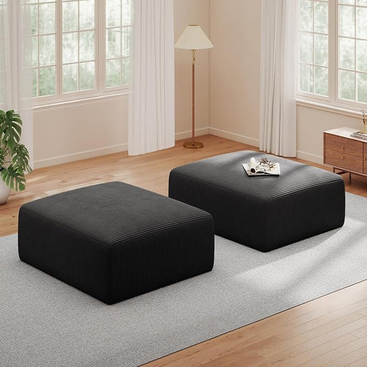 40" Oversized Large Square Corduroy Ottoman Pouf - Poofy Plush Foot Rest with Foam Chunk Filling, Movable Floor Pouf Footstool & Ottoman Coffee Table for Living Room Couch Bedroom, Black(2 Pieces)