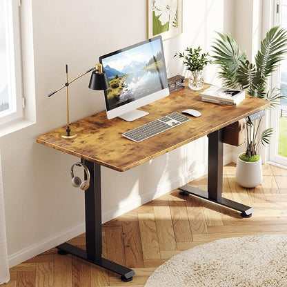Veken 55 Inch, Height Adjustable Sit Stand Up, Wood Desktop, Work Home Office Computer PC Table, Tall Standup Workstation, Gaming Writing Study Bedroom Rising Desks, Brown