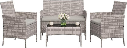 4-Piece Outdoor Furniture Set, PE Rattan Wicker Chairs with Soft Cushions & Tempered Glass Coffee Table - All-Weather Patio Set for Garden, Backyard, Porch, Poolside (Gray/Light Gray)