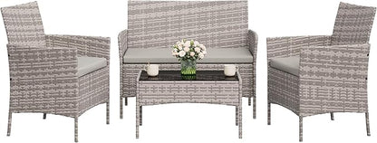 4-Piece Outdoor Furniture Set, PE Rattan Wicker Chairs with Soft Cushions & Tempered Glass Coffee Table - All-Weather Patio Set for Garden, Backyard, Porch, Poolside (Grey)