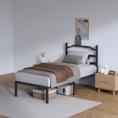 SHOANED Metal Bed Frame with Headboard - 14 Inch Twin XL Size Heavy Duty Bedframe with Charging Station Black Basic Steel Slats Platform No Box Spring Needed/Noise Free