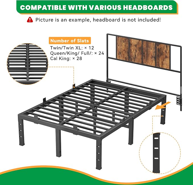 16 Inch King Size Bed Frames, Heavy Duty Metal King Platform 3500 lbs Capacity, No Box Spring Needed, 6 Mattress Slide Stopper, Headboard Holes, Noise-Free, Easy Assembly