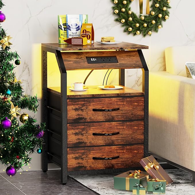 SZLHANJZ End Tables Set of 2, Nightstands with Charging Station and LED Lights, 3 Drawers Fabric Bedside Table, Storage Side Tables for Bedside, Living Room, Rustic Brown