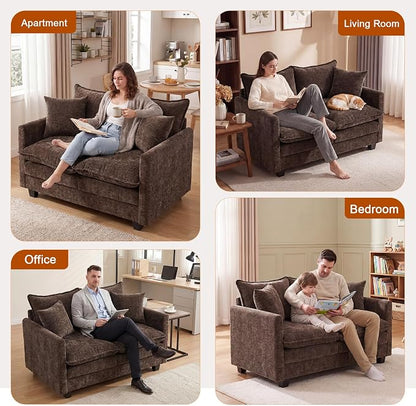 50'' Loveseat Sofa Cloud Sofa Couch, Modern Loveseats 2 Seat Couch 27" Deep Seat with 2 Pillows for Small Spaces Apartment Studio Office Bedroom Living Room, Brown