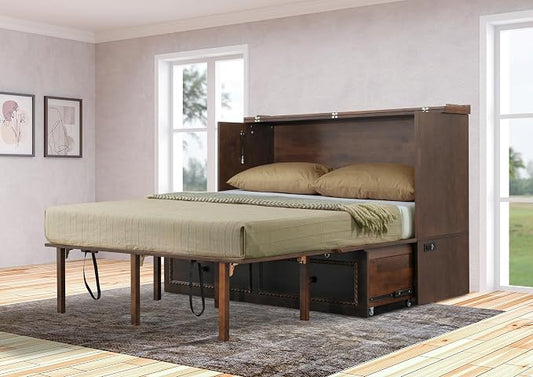 Mega Solutions Venetian Murphy Cabinet Bed with Deepest Storage Drawer On The Market and USB Charging Station 6 inch (Heritage Walnut, Queen)
