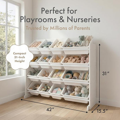 Humble Crew Toy Storage Organizer with 16 Removable Storage Bins for Kids Playroom, 4-Tier Toddler Toy Organization and Storage, White/White
