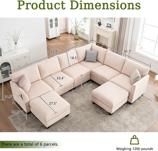 122.8" Large Sectional Couches for Living Room, 6 Seater L Shaped Modular Sectional Sofa with Two Storage Ottomans & USB, Oversized Corner Couch for Living Room（Beige）