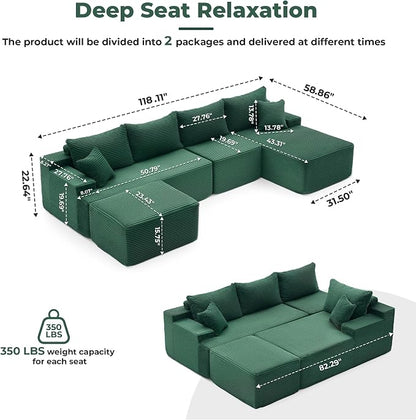 Mangodan 118'' Cloud Sectional Couch, U Shaped Boneless Couches for Living Room, Modular Sectional Sofa with Deep Seat Right Facing Chaise, Comfy Cloud Couch Sofa, Green