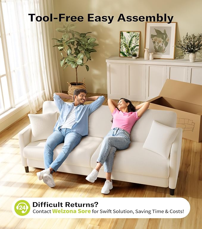 Welzona 83" Couches for Living Room, Teddy Sofa Couch, Comfy Sofas for Living Room, Tool-Free Setup Loveseat Sofa, All-Wood Love Seat Couches, Small Couch 2 Pillows Included, Beige