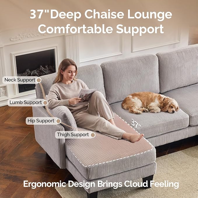 VINGLI 108" W U-Shaped Sectional Couches for Living Room, Sturdy Wooden Armrest Corduroy Cloud Couch with Double Chaise, High Support Modern 4-Seat Sectional Sofa for Apartment, Offices, Light Grey