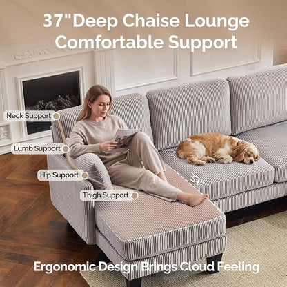 VINGLI 108" W U-Shaped Sectional Couches for Living Room, Sturdy Wooden Armrest Corduroy Cloud Couch with Double Chaise, High Support Modern 4-Seat Sectional Sofa for Apartment, Offices, Light Grey