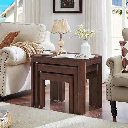 Joaxswe Farmhouse Nesting Tables Set of 3, Living Room Table Set with Rounded Corners & 4 Thickened Table Legs, Walnut