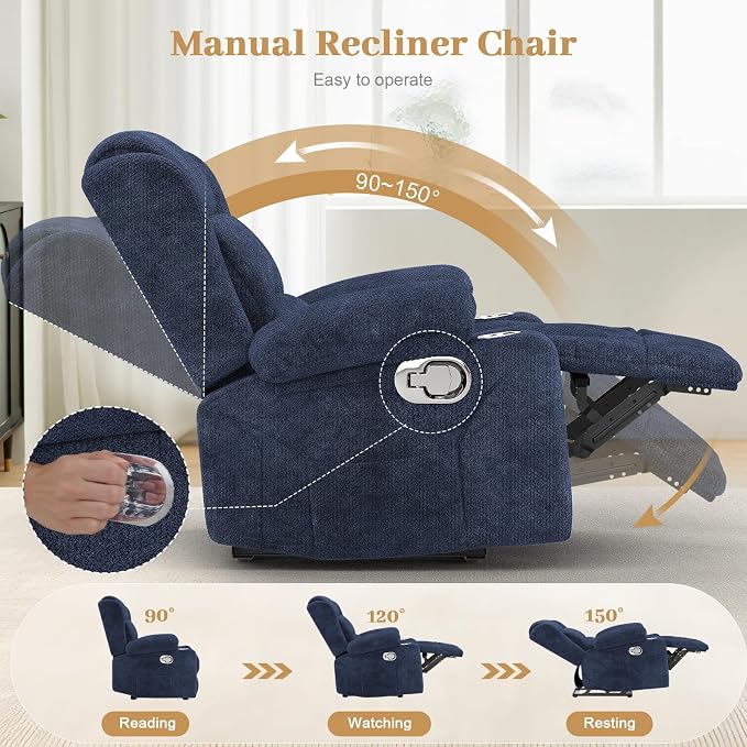 RV Recliner Chair, Oversized Reclining Loveseat Home Theater Seating with Cup Holders, Insert Pockets, Wall Hugger RV Recliners for Movie Room, Recline Movie Seats Gaming Sofa, Blue