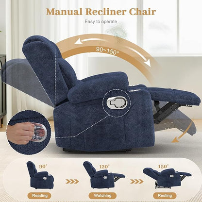 New Recliner Chair for Adults, Oversized Fabric Loveseat Recliner, Manual Pull Tab Reclining Chair with Cup Holders, Minimalist Style Single Sofa for Living Room, RV (Blue)
