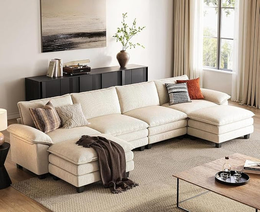LINSY HOME 157'' Modular Sectional Sofa 4 Seat Couch Corduroy Cloud Couch with Deep Seat, Modern U-Shaped Cloud Couch with 2 Movable Ottoman for Living Room, Office, Bedroom, Beige