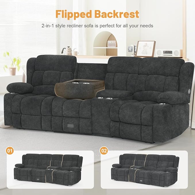 Dresegmt Recliner Sofa Set with Console, Flip Middle Backrest Design 3 Seater Reclining Sofa and Single Recliner Chair, Manual Couches for Living Room (Grey, 3 Seat+Console+1)