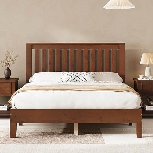 AMERLIFE Full Bed Frame, Solid Wood Platform Bed with Vertical Slats Headboard, Wooden Bedframe Full-Size, Sturdy Wooden Slats Support, No Box Spring Needed, Noise Free, Walnut