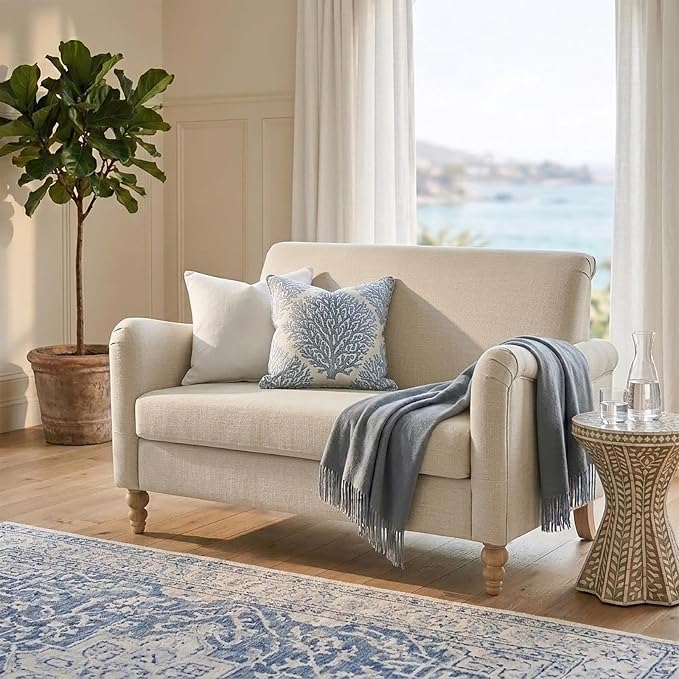 HULALA HOME 50.5" Loveseat Sofa with Solid Wood Spindle Legs, 2 Seater Farmhouse Sofa with Rolled Wide Armrests, Comfy Upholstered Small Couch for Living Room Bedroom, Linen