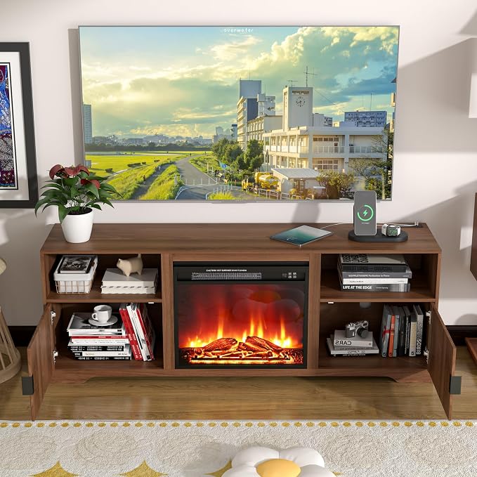Fireplace TV Stand for Television up to 80 Inch,Entertainment Center with Adjustable Shelf,Mid-Century Modern Fluted TV Stand with 23" Electric Fireplace,Media Console for Living Room,Bedroom