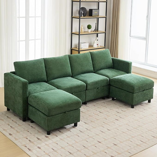 WUTUTUEE 107”Modular Sectional Sofa Convertible U Shaped Sofa Couch Set with Storage for Living Room, Modern 6 Seater Modular Sectional Couch with Movable Ottoman, Chenille Dark Green