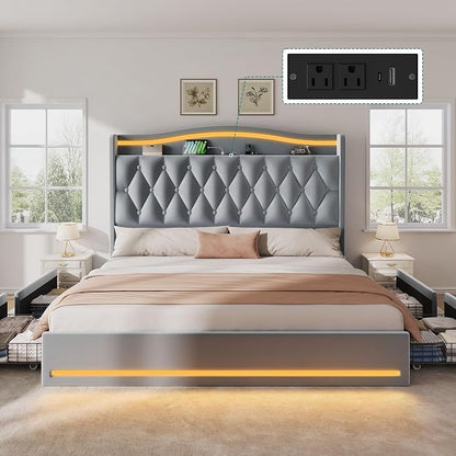 YITAHOME King Size Bed Frame with 4 Storage Drawers and RGB LED Lights, 57'' Tall Headboard Velvet Upholstered Bed with Charging Station, No Box Spring Needed, Easy Assembly, Noise-Free, Dark Grey