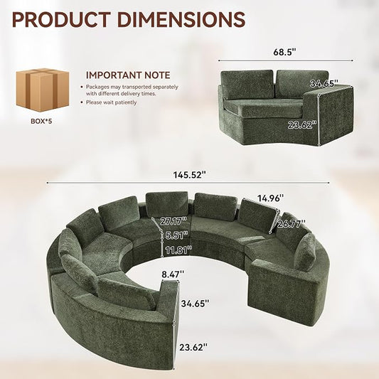 WUTUTUEE 145'' Curved Round Boneless Couch, Oversized U Shaped Sofa with Deep Seat & Arms, Chenille Modular Sectional Sofa with Pillows, Upholstered Comfy 10 Seat Couch for Living Room, Green