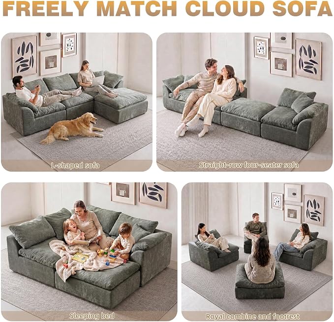 110" Boneless Cloud Couch Sectional for Living Room, Oversized Modular L Shaped Sofa with Ottoman, Deep Seat Chenille Sectional Couch for Cloud-Like Comfort (Ash Grey)