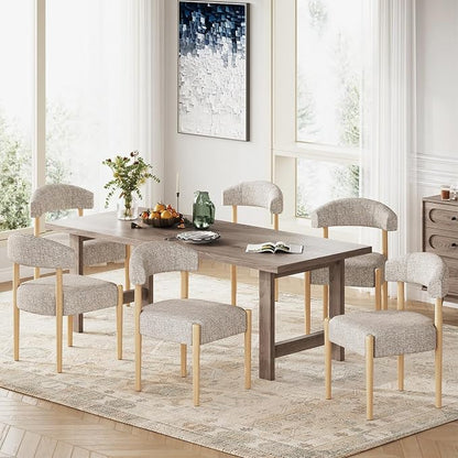 VKNOW Wooden Dining Chairs Set of 6 with Curved Open Back, Brown | Natural Rubberwood Legs, Soft Chenille Fabric, Thickened Cushion, For Adults and Family, Dining Room, Kitchen, No Wobble