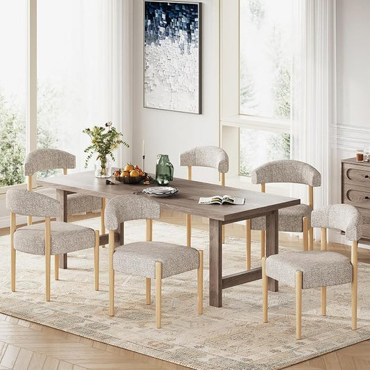 VKNOW Wooden Dining Chairs Set of 6 with Curved Open Back, Brown | Natural Rubberwood Legs, Soft Chenille Fabric, Thickened Cushion, For Adults and Family, Dining Room, Kitchen, No Wobble