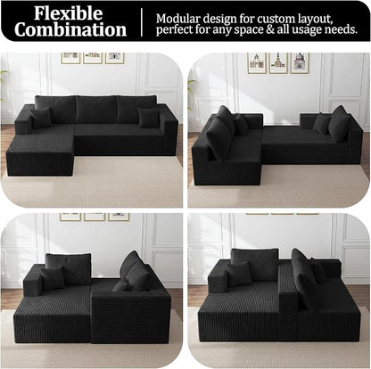 108" Modular Sectional Sofa, L-Shaped Cloud Couch with Deep Seats & Chaise, Convertible 4-in-1 Corduroy Boneless Couches for Living Room, Bedroom, No Need Assembly,Black(Right Facing Chaise)