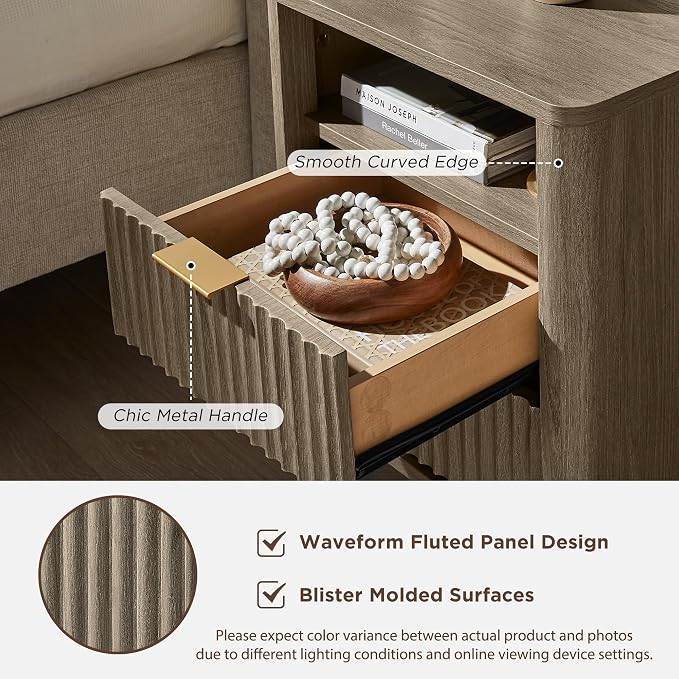 T4TREAM Fluted Nightstand Set of 2 with Charging Station, 18" Modern Side Table with 2 Drawer, End Table w/Storage, Bedside for Bedroom, Living Room, Curved Profile Design, Grey Alder