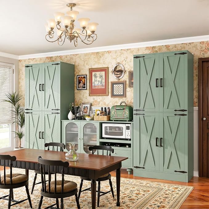 Unikito 71" Pantry Cabinet with Drawer, Farmhouse Barn Doors and Adjustable Shelves, Freestanding Storage Cabinet for Kitchen, Dining Room, Living Room, Utility Room