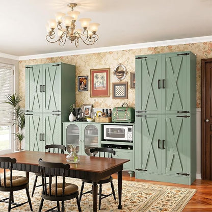 Unikito 71" Pantry Cabinet with Drawer, Farmhouse Barn Doors and Adjustable Shelves, Freestanding Storage Cabinet for Kitchen, Dining Room, Living Room, Utility Room