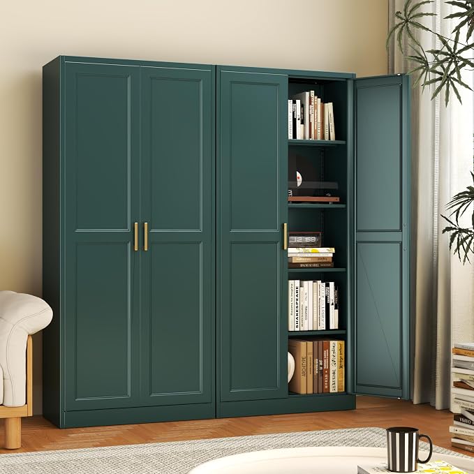 71" Metal Pantry Cabinet,Storage Cabinet with Doors and Shelves | Metal Storage Cabinet,Gold Handles,Adjustable Shelves,Magnetic Doors,Leveling Feet,Anti-tipping,for Kitchen/Garage Green