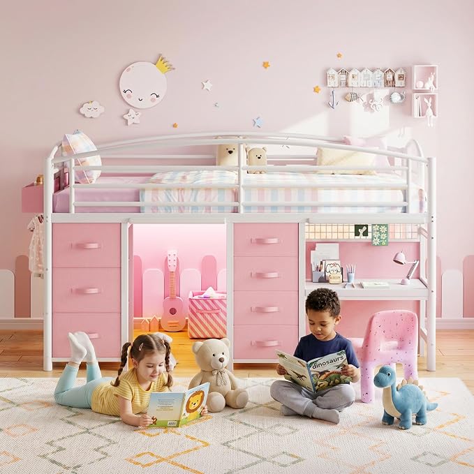 Low Loft Bed Twin Size with 7 Storage Drawers, Desk and LED Lights, Heavy Duty Metal Kids Loft Bed with 13.8" H Safety Guardrail, Anti-Collision Pad, Private Play Curtain, Under-Bed Play Space - Pink